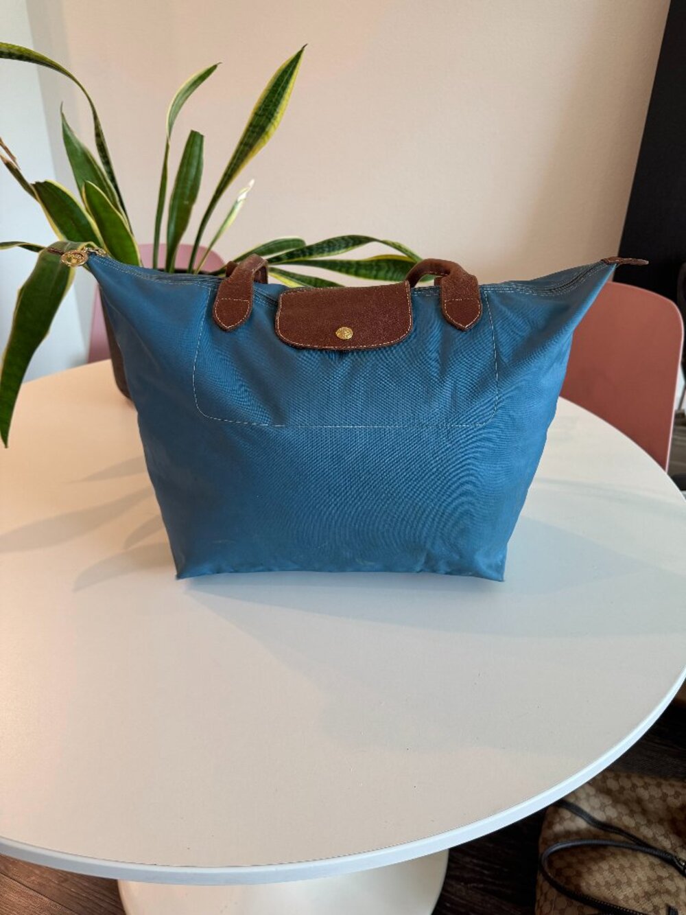 Longchamp Le Pliage Large Blue Nylon Long Handle Shoulder Tote Bag